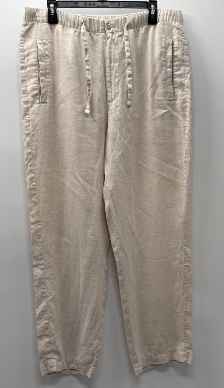 Islander 100% Linen Pull On Pants L Beige Oatmeal Drawstring Resort Coastal